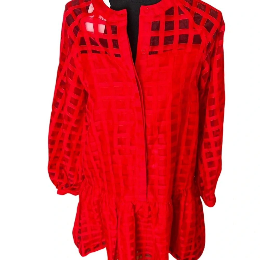 English Factory Sheer Red Organza Long Sleeve Checkered Dress - Size S - Picture 3 of 7